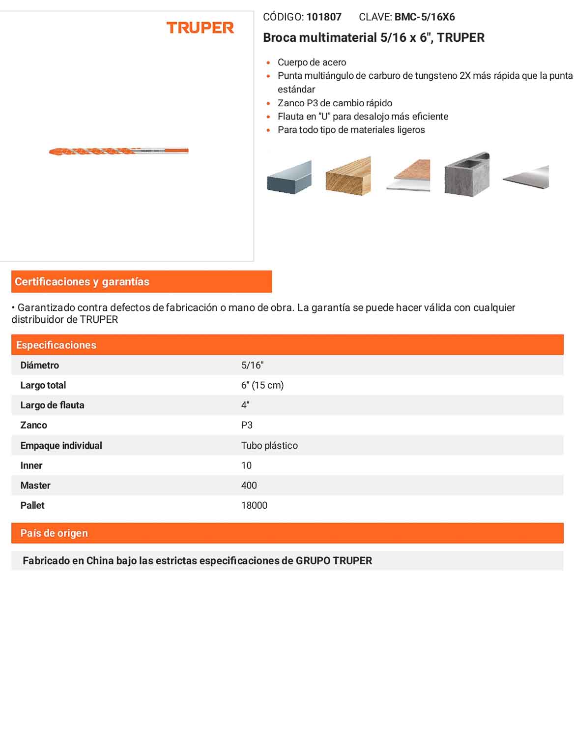 Broca multimaterial 5/16 x 6"