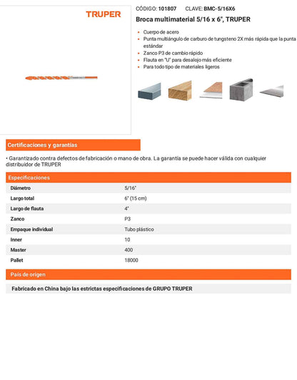 Broca multimaterial 5/16 x 6"
