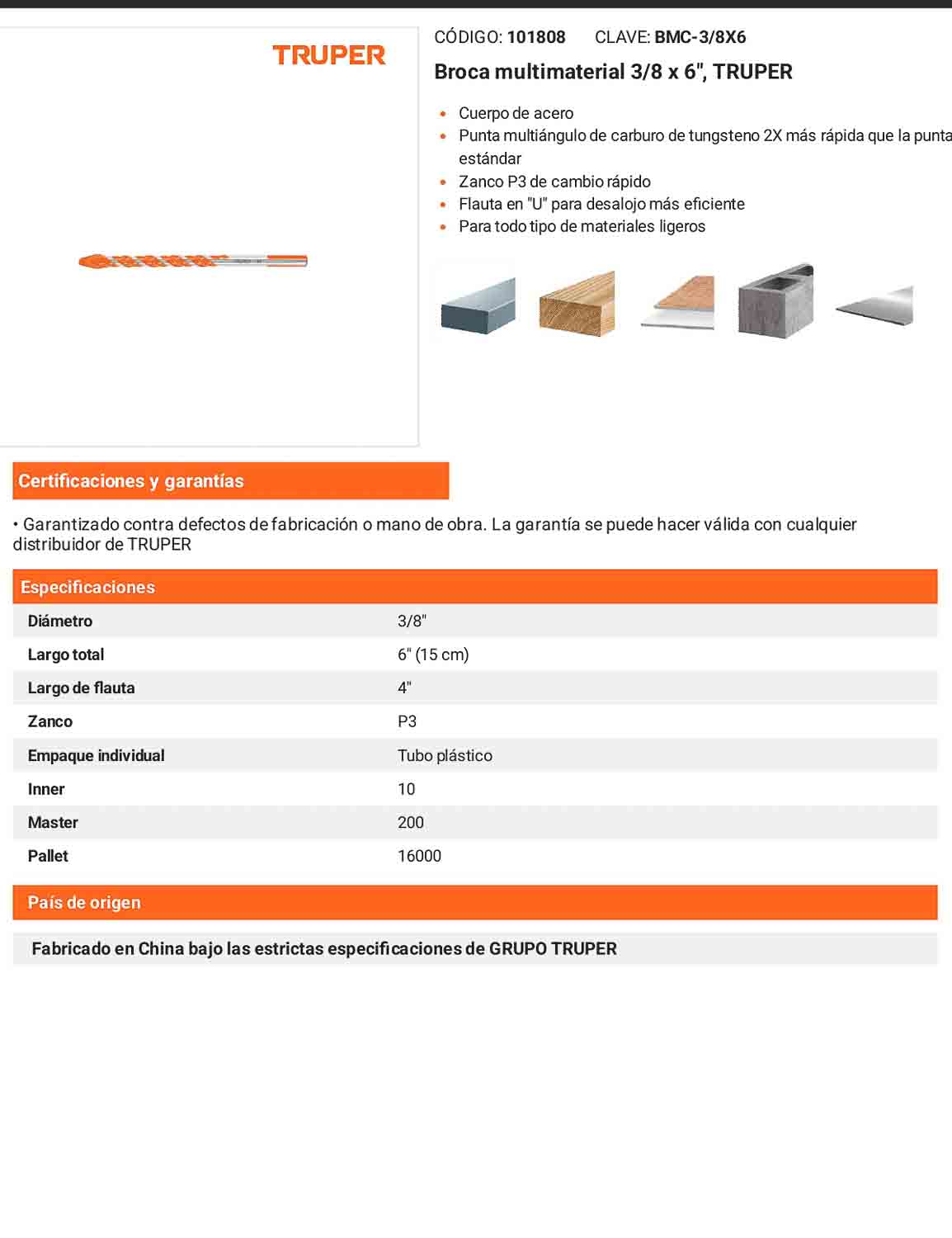 Broca multimaterial 3/8 x 6"