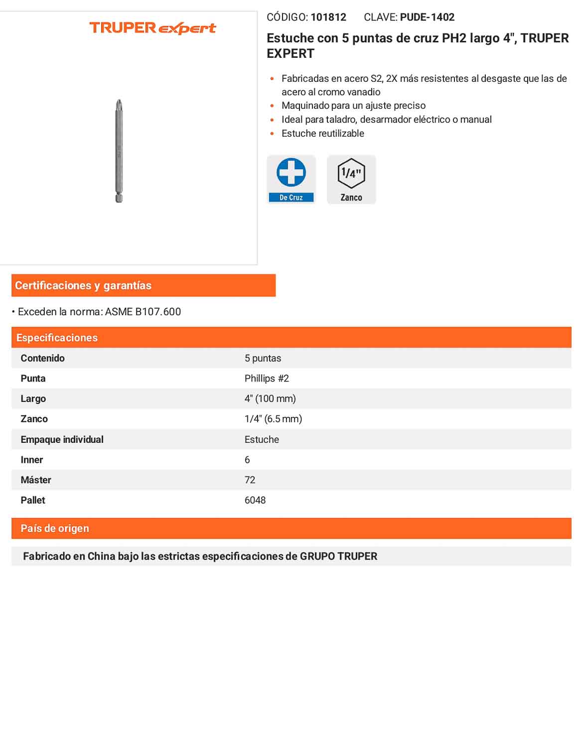 Puntas de Cruz PH2 de 4"  Estuche con 5 unidades