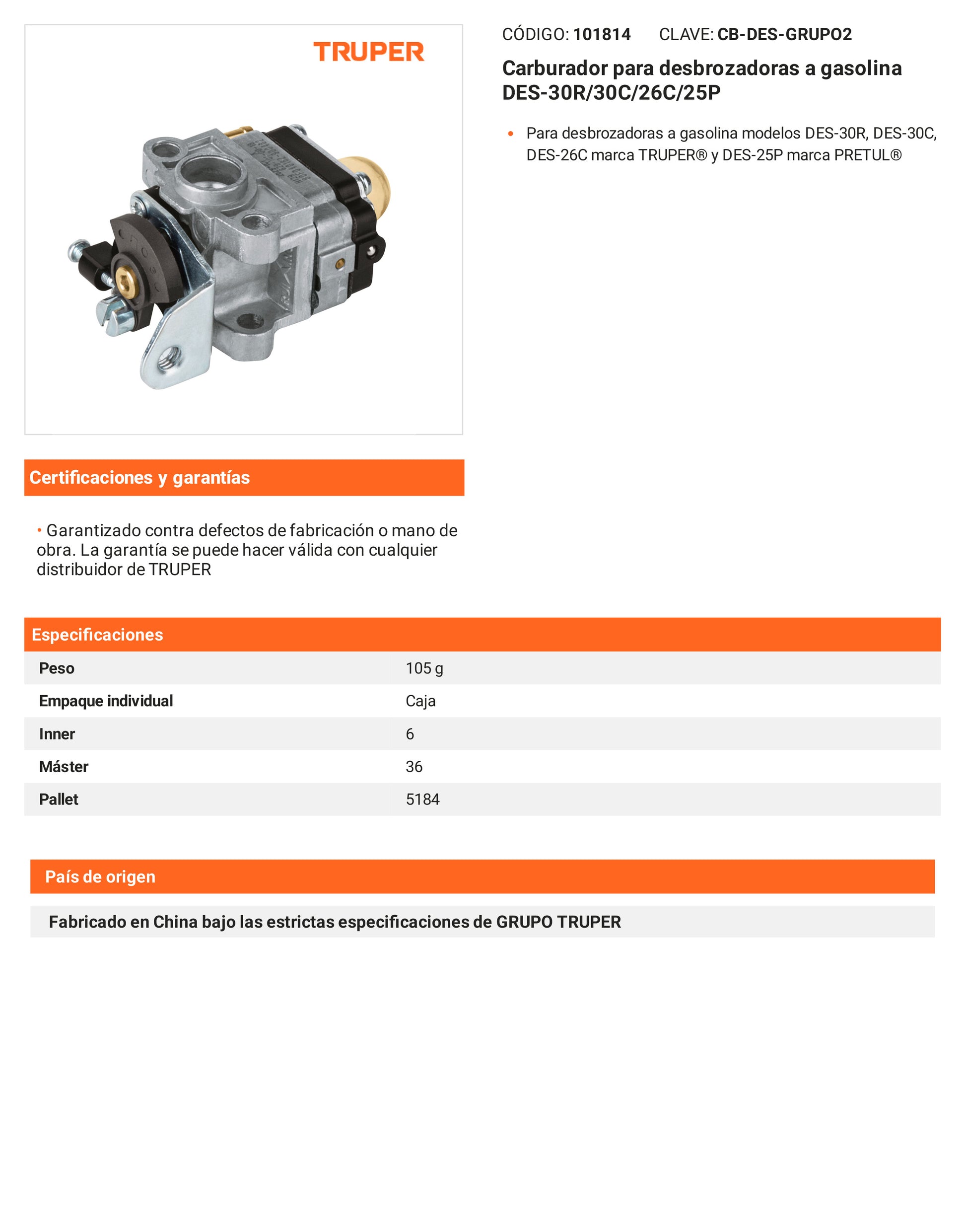 Ficha tecnica - Carburador para desbrozadoras a gasolina DES-30R/30C/26C/25P - SKU 101814