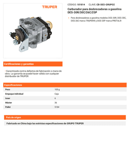 Ficha tecnica - Carburador para desbrozadoras a gasolina DES-30R/30C/26C/25P - SKU 101814