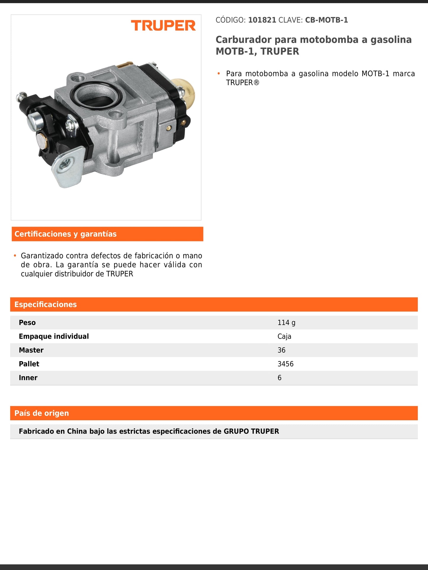 Carburador para motobomba a gasolina MOTB 1