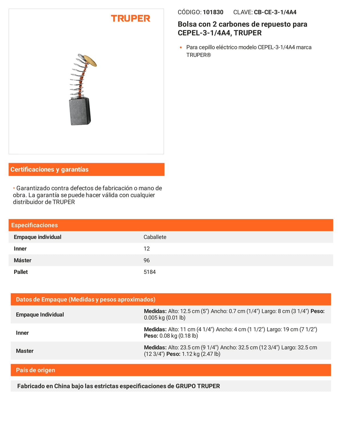 Ficha tecnica - 2 carbones para CEPEL-3-1/4A4 - SKU 101830