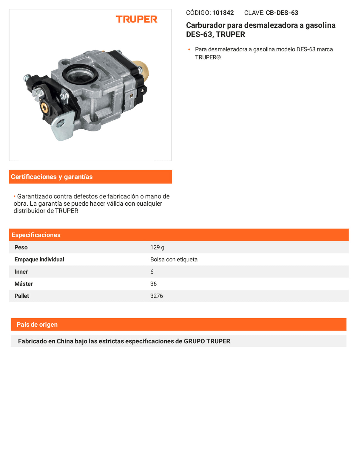 Ficha tecnica - Carburador para desmalezadora a gasolina DES-63 - SKU 101842