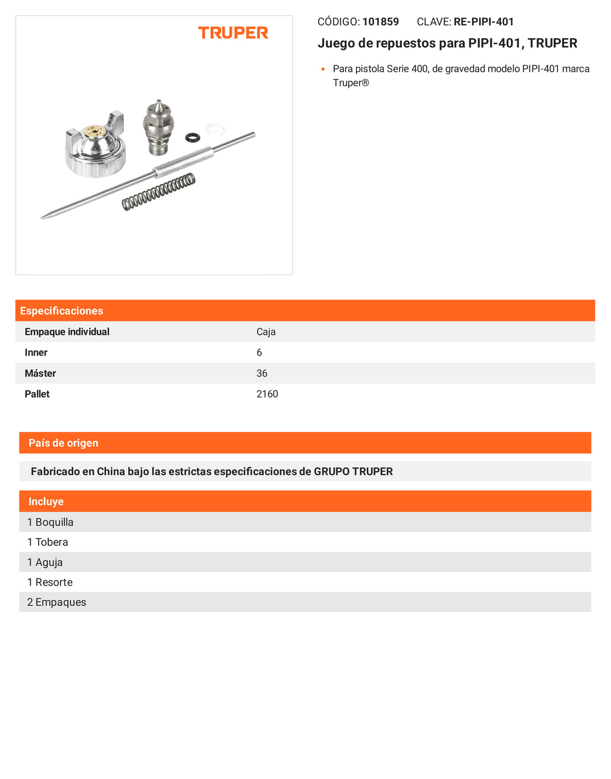 Ficha tecnica - Juego de repuestos para PIPI-401 - SKU 101859