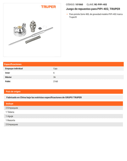 Ficha tecnica - Juego de repuestos para PIPI-402 - SKU 101860