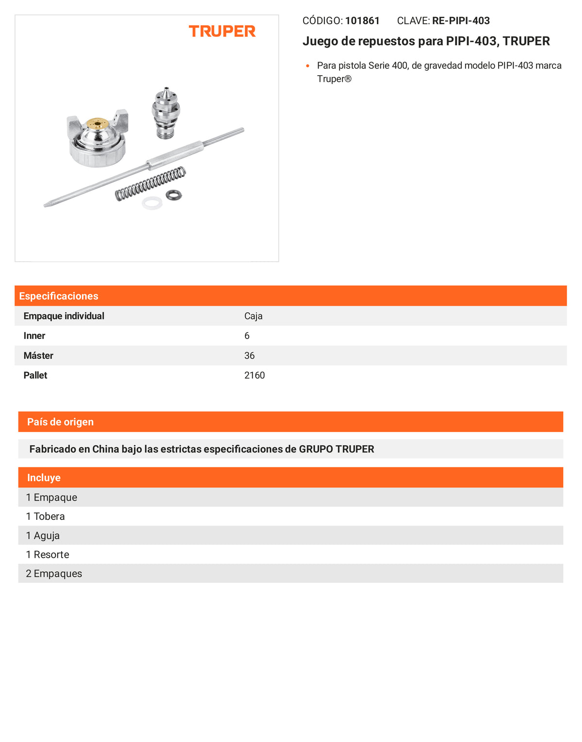 Ficha tecnica - Juego de repuestos para PIPI-403 - SKU 101861