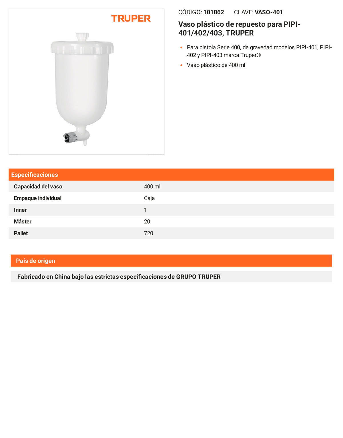 Ficha tecnica - Vaso plastico para PIPI-401/402/403 - SKU 101862
