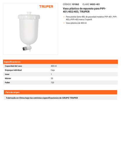 Ficha tecnica - Vaso plastico para PIPI-401/402/403 - SKU 101862