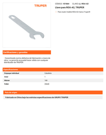 Ficha tecnica - Llave para ROU-A3 - SKU 101864