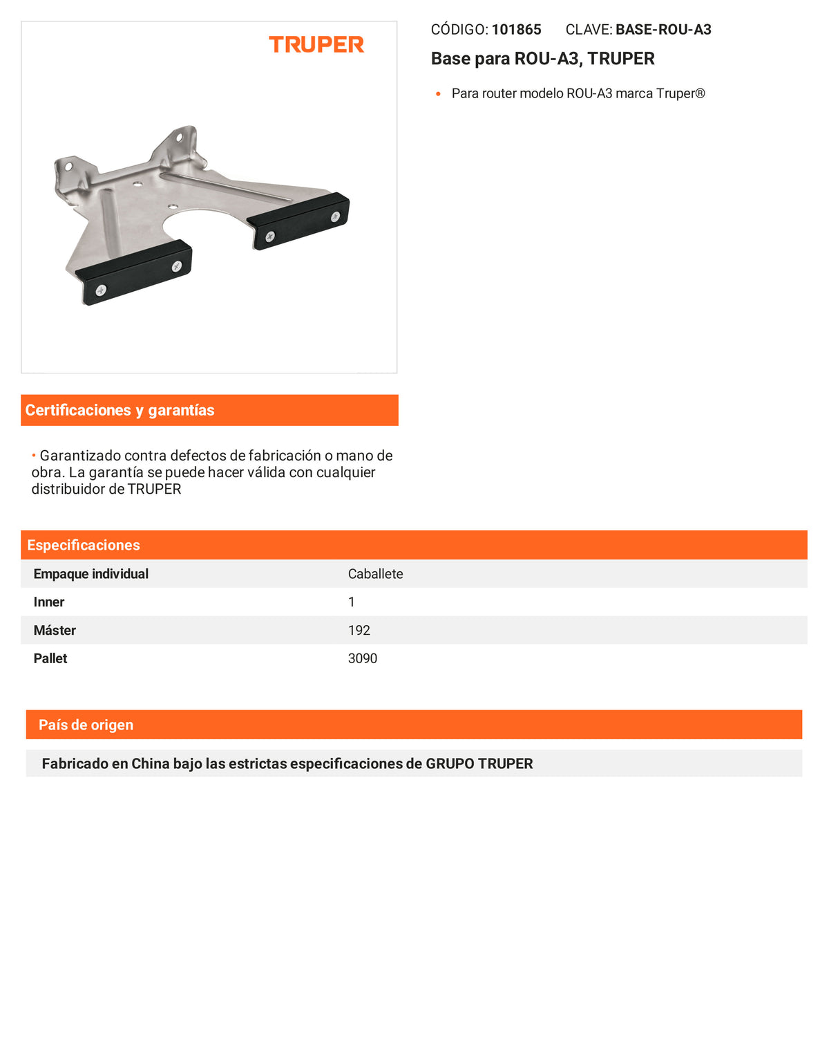 Ficha tecnica - Base para ROU-A3 - SKU 101865