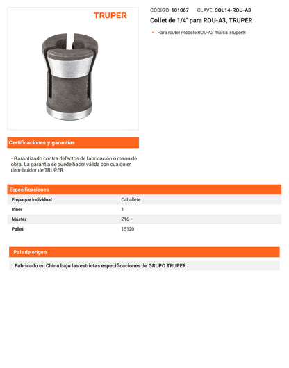 Ficha tecnica - Collet de 1/4 pulg para ROU-A3 - SKU 101867