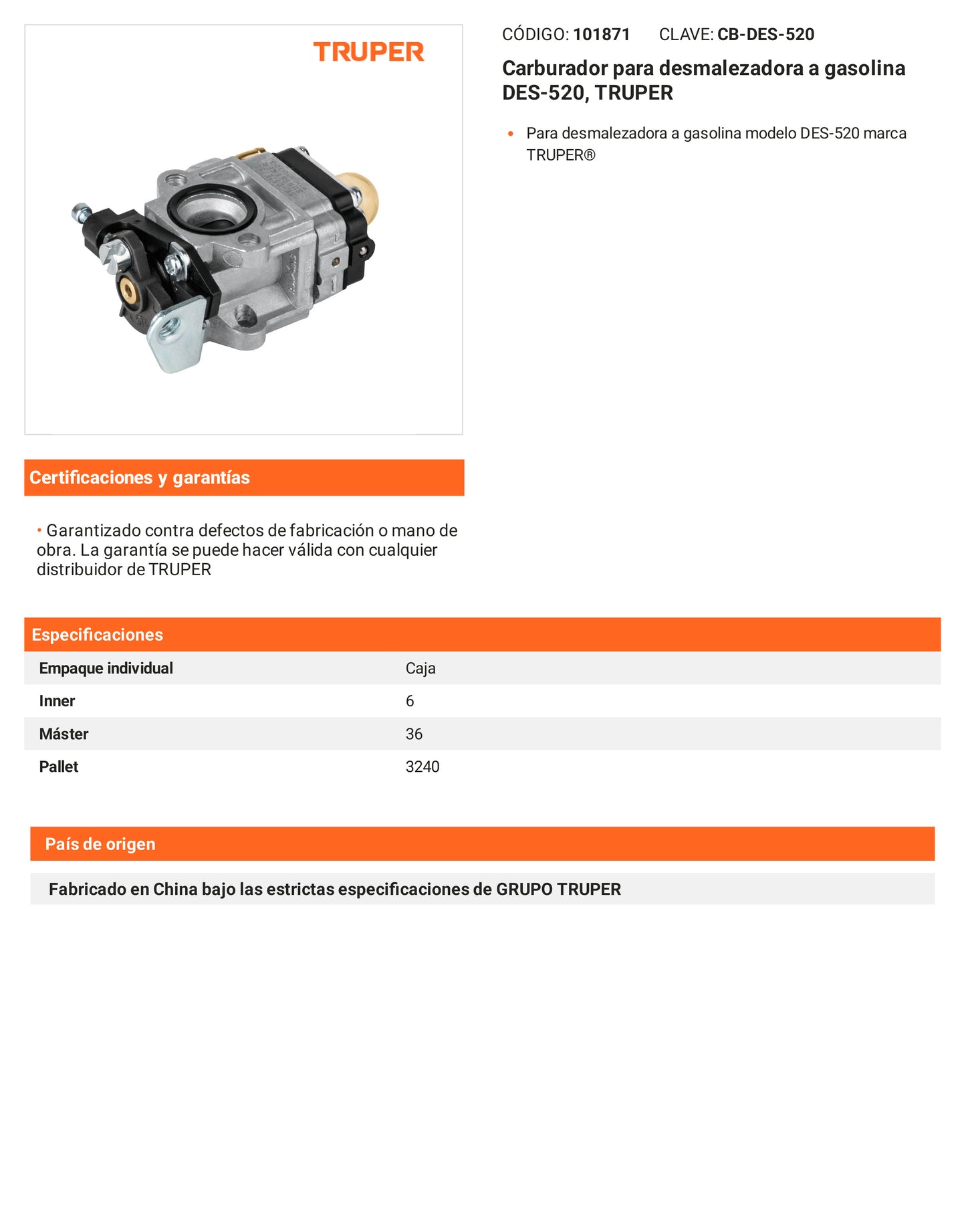 Ficha tecnica - Carburador para desmalezadora a gasolina DES-520 - SKU 101871