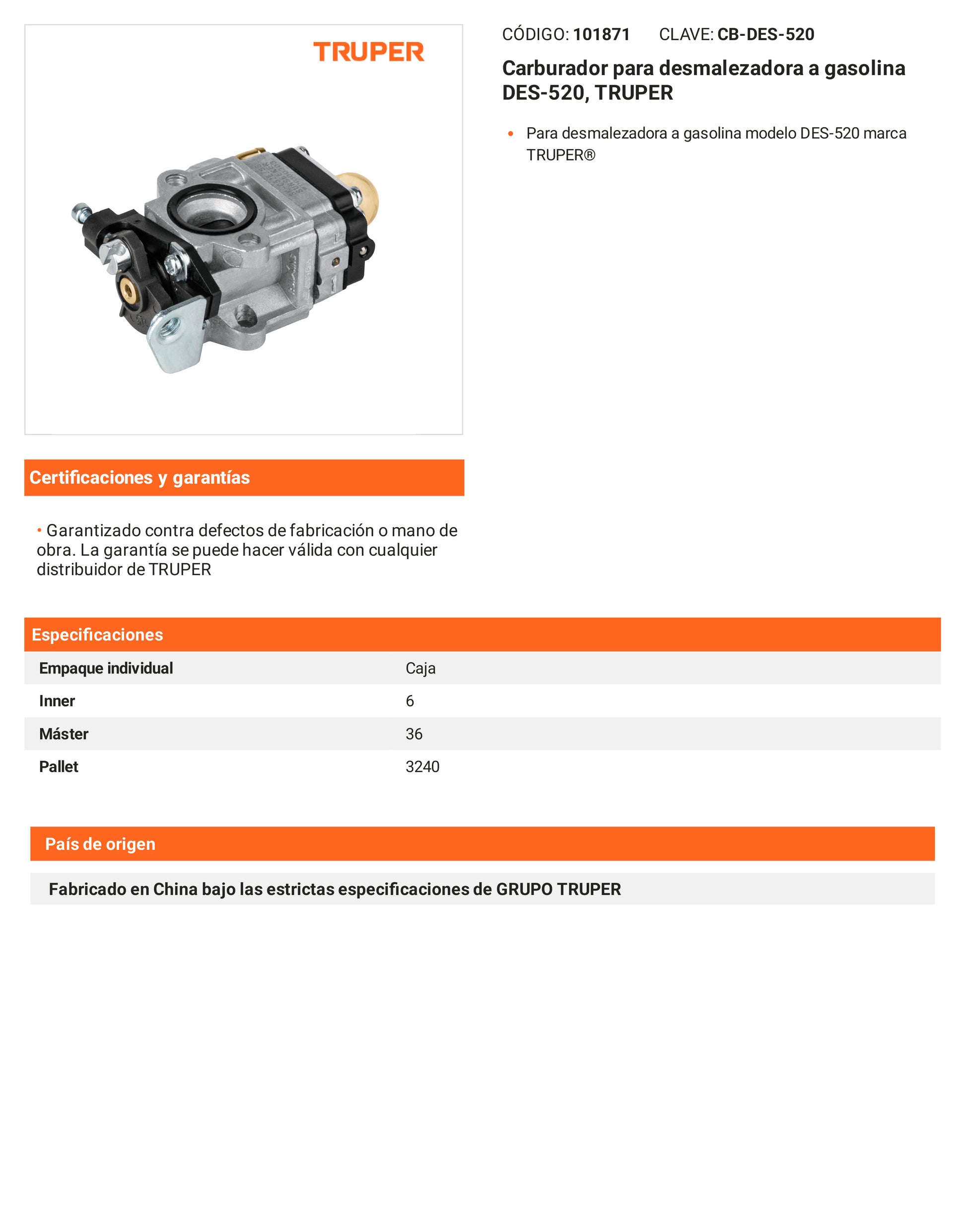 Ficha tecnica - Carburador para desmalezadora a gasolina DES-520 - SKU 101871