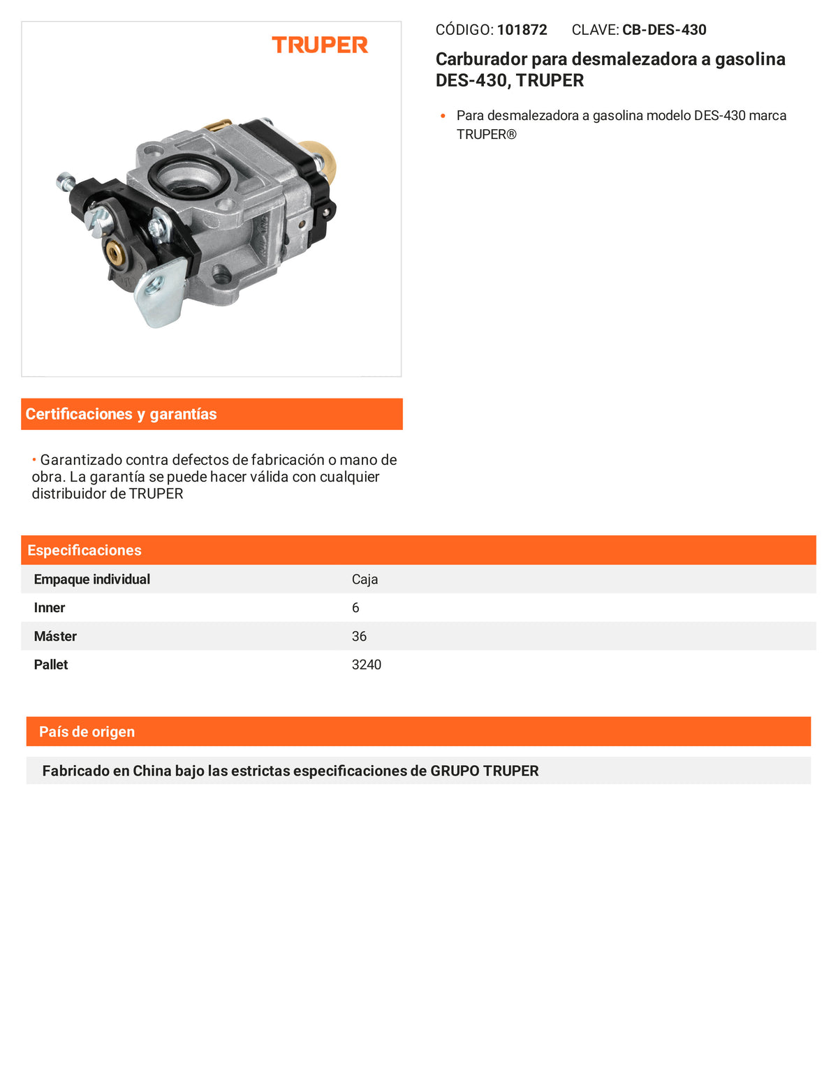 Ficha tecnica - Carburador para desmalezadora a gasolina DES-430 - SKU 101872