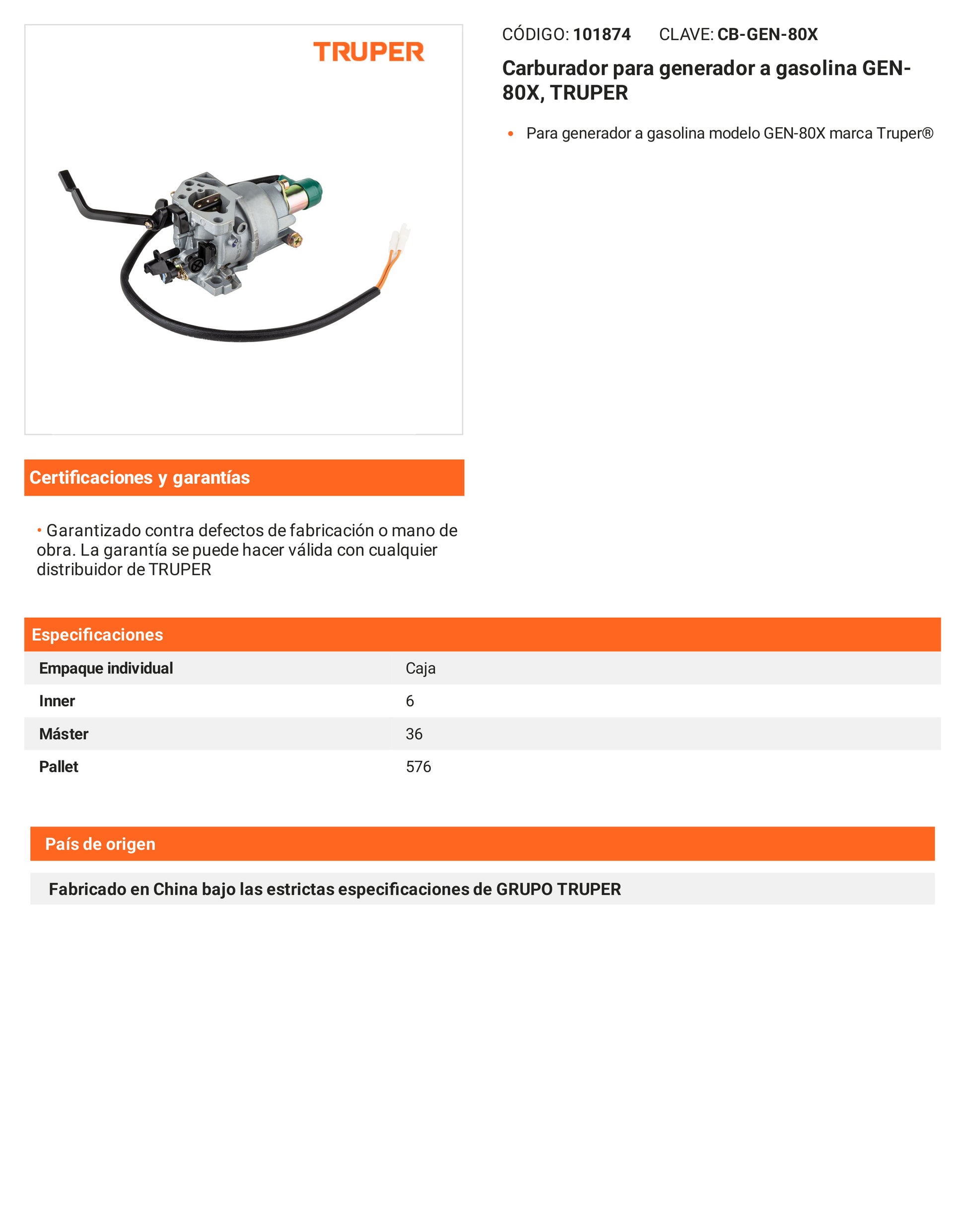 Ficha tecnica - Carburador para generador a gasolina GEN-80X - SKU 101874