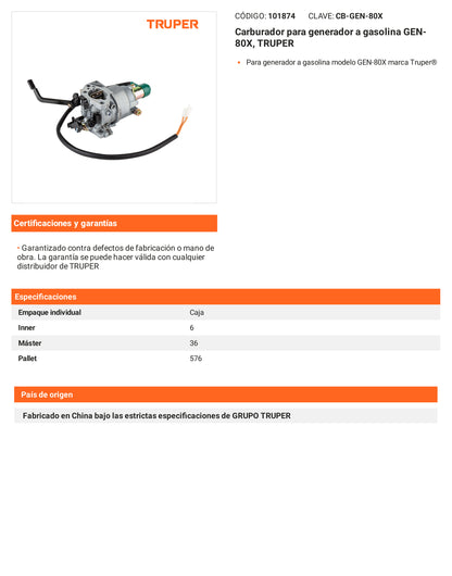 Ficha tecnica - Carburador para generador a gasolina GEN-80X - SKU 101874