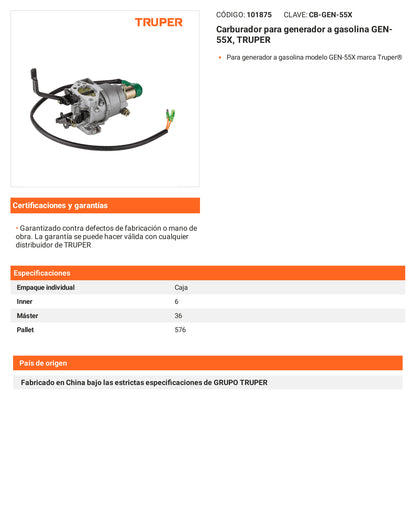 Ficha tecnica - Carburador para generador a gasolina GEN-55X - SKU 101875