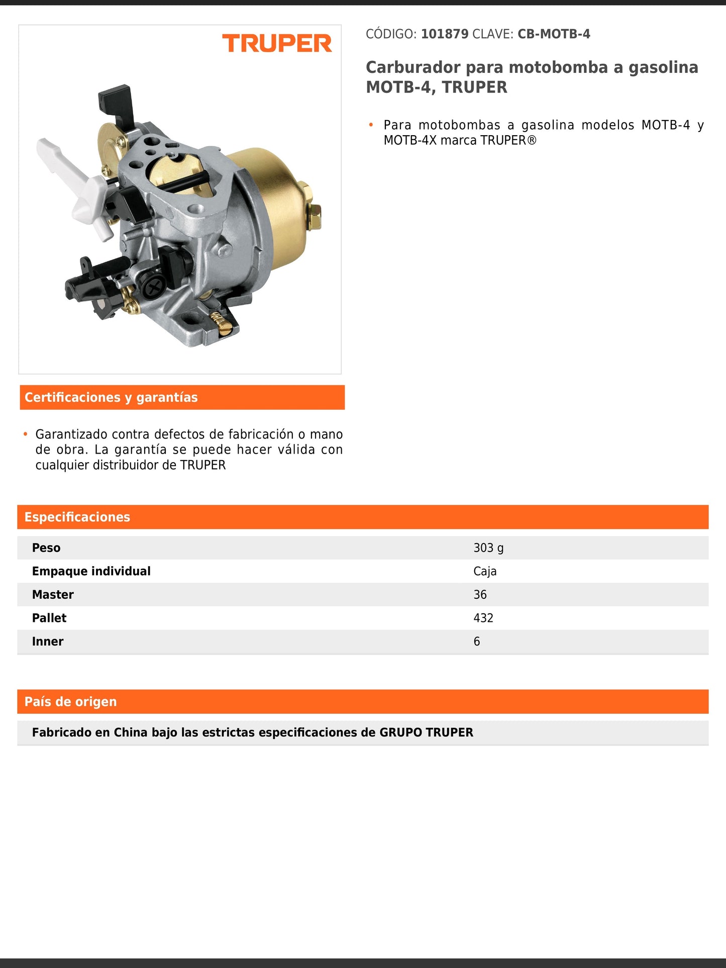 Carburador para motobomba a gasolina MOTB 4