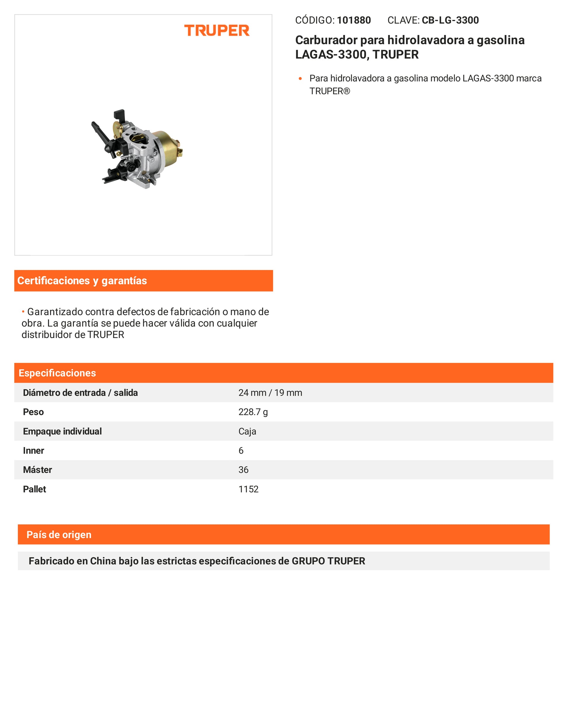 Ficha tecnica - Carburador para hidrolavadora a gasolina LAGAS-3300 - SKU 101880
