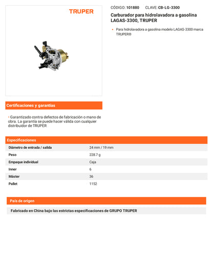 Ficha tecnica - Carburador para hidrolavadora a gasolina LAGAS-3300 - SKU 101880