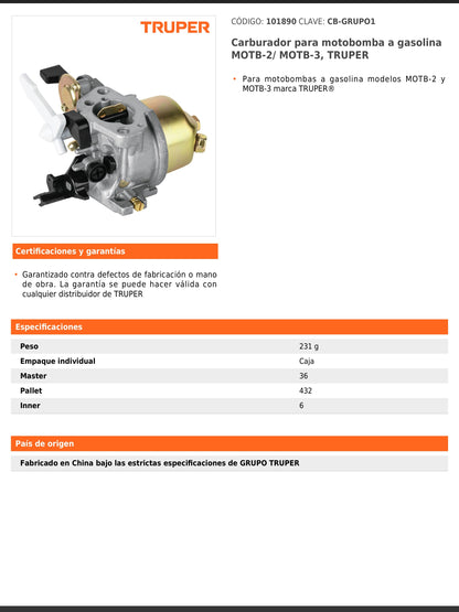 Carburador para motobomba a gasolina MOTB 2 y MOTB 3