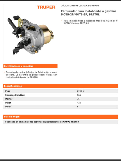 Carburador para motobomba a gasolina MOTB 2P y MOTB 3P