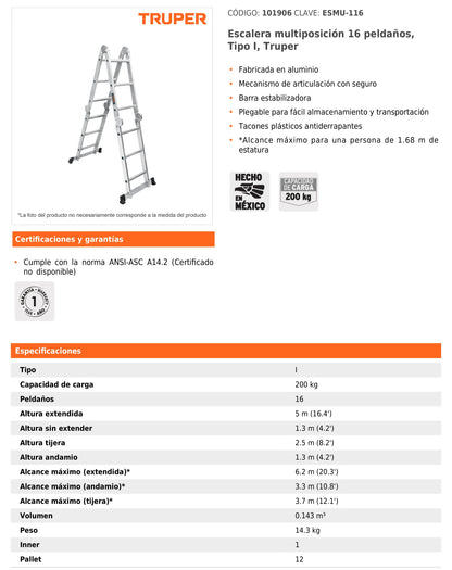 Escalera multiposición de 16 peldaños Tipo I fabricada en aluminio