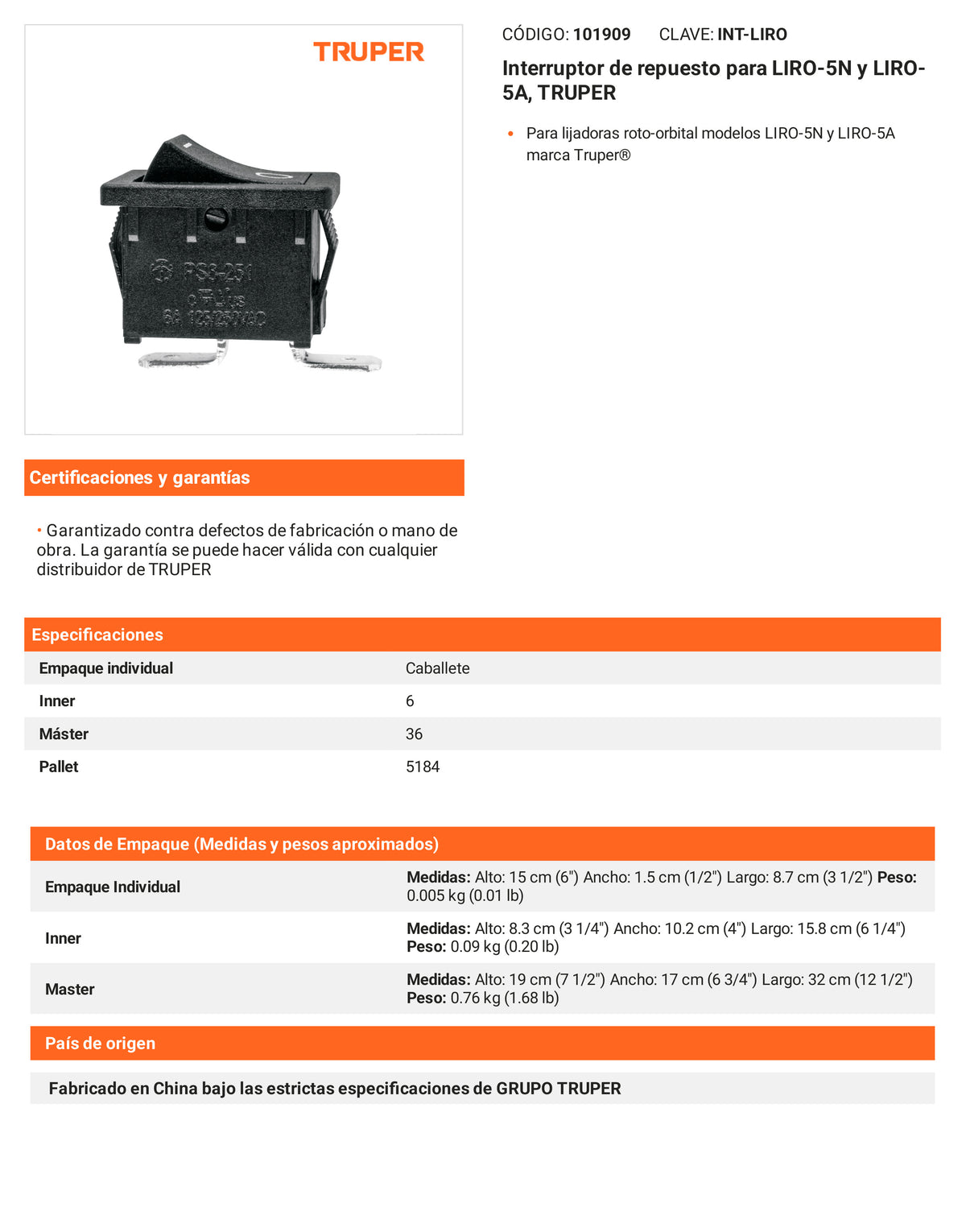 Ficha tecnica - Interruptor para LIRO-5N y LIRO-5A - SKU 101909