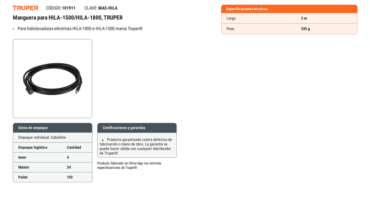 Ficha tecnica - Manguera para HILA-1500/HILA-1800 - SKU 101911