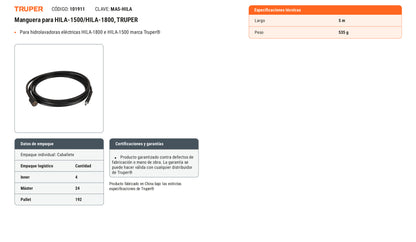 Ficha tecnica - Manguera para HILA-1500/HILA-1800 - SKU 101911