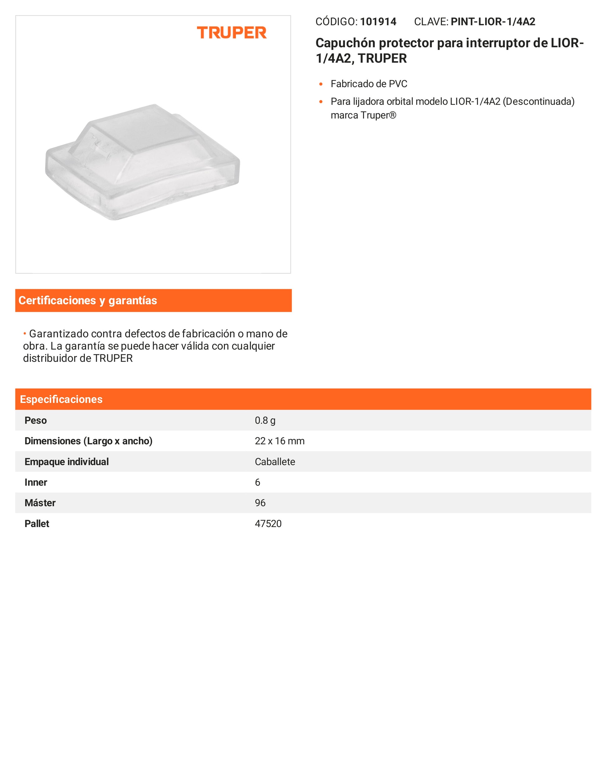 Ficha tecnica - Capuchon protector para interruptor de LIOR-1/4A2 - SKU 101914