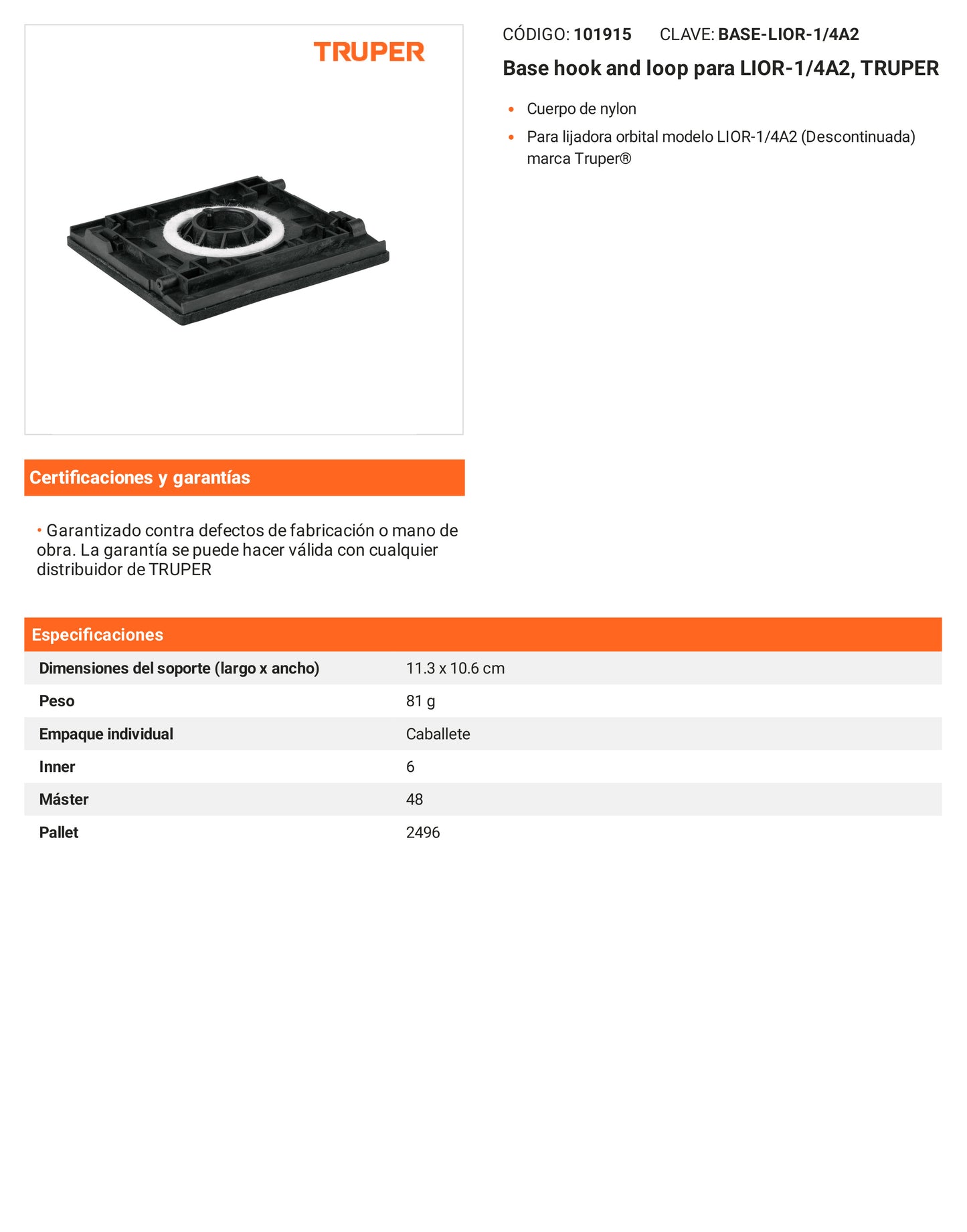 Ficha tecnica - Base hook and loop para LIOR-1/4A2 - SKU 101915