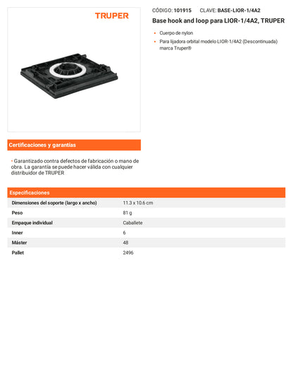 Ficha tecnica - Base hook and loop para LIOR-1/4A2 - SKU 101915