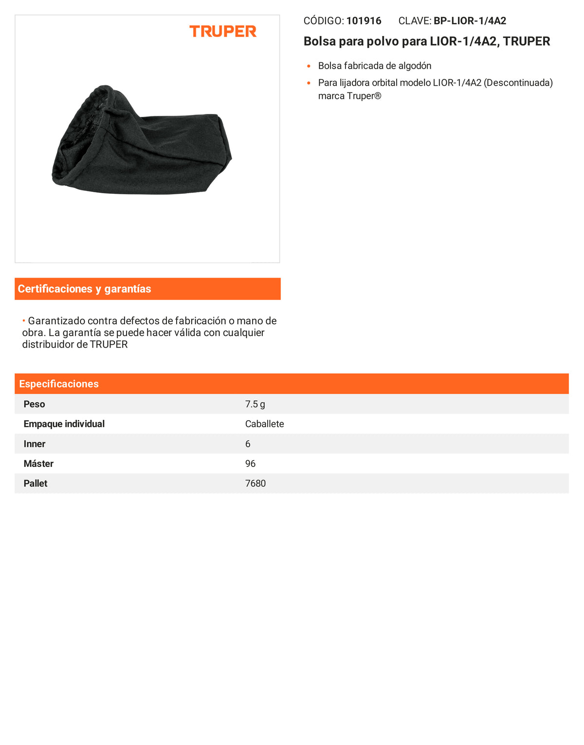 Ficha tecnica - Bolsa para polvo para LIOR-1/4A2 - SKU 101916