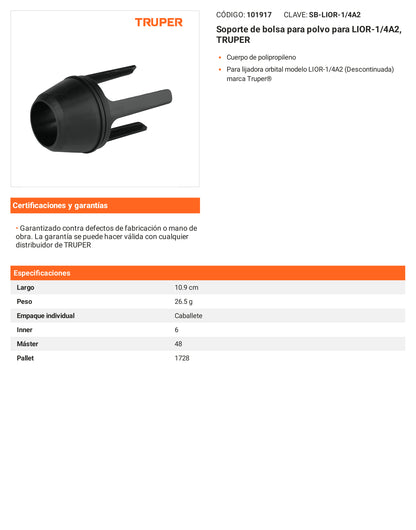 Ficha tecnica - Soporte de bolsa para polvo para LIOR-1/4A2 - SKU 101917