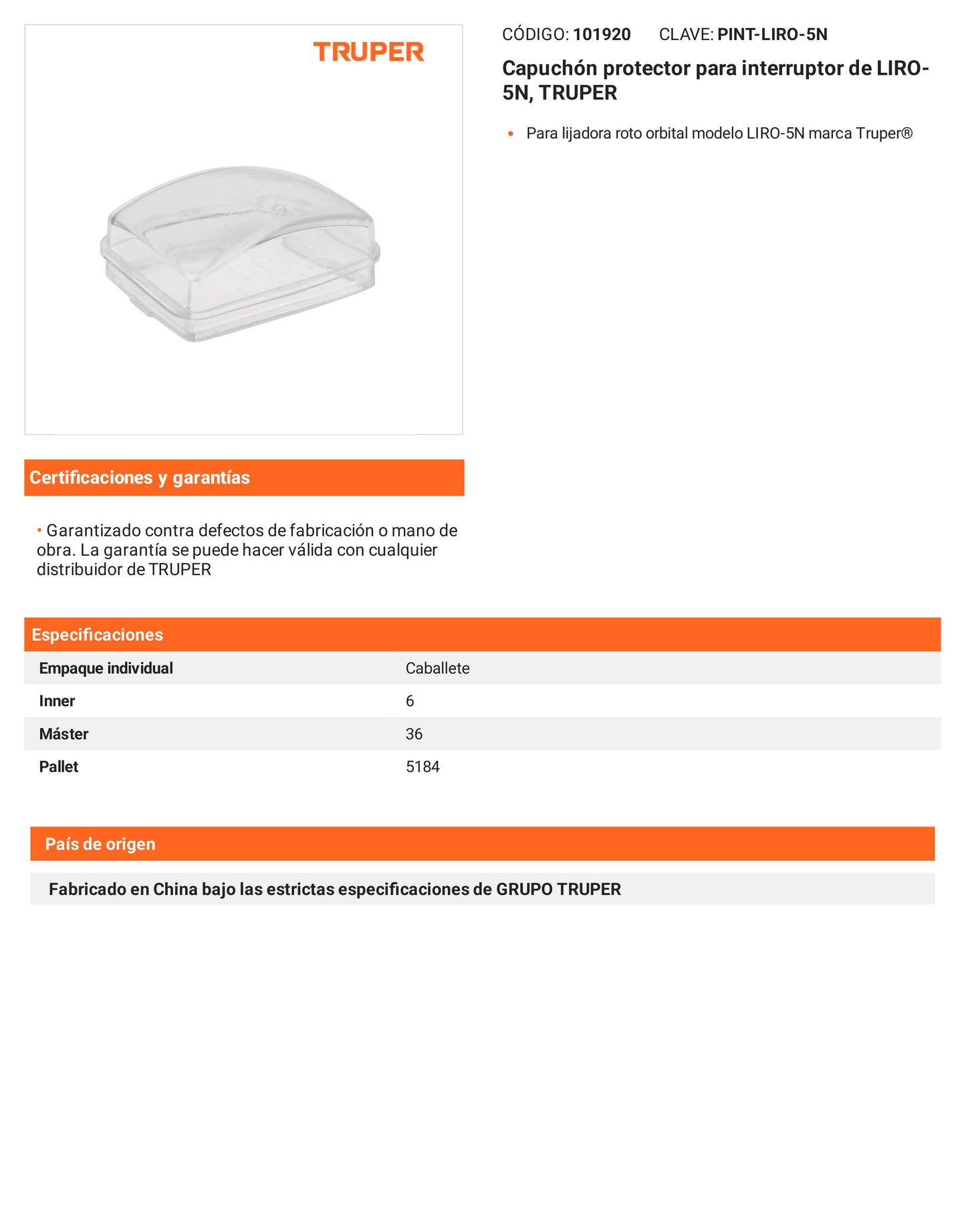 Ficha tecnica - Capuchon protector para interruptor de LIRO-5N - SKU 101920