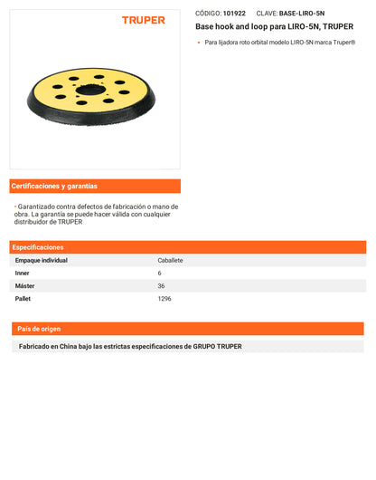 Ficha tecnica - Base hook and loop para LIRO-5N - SKU 101922