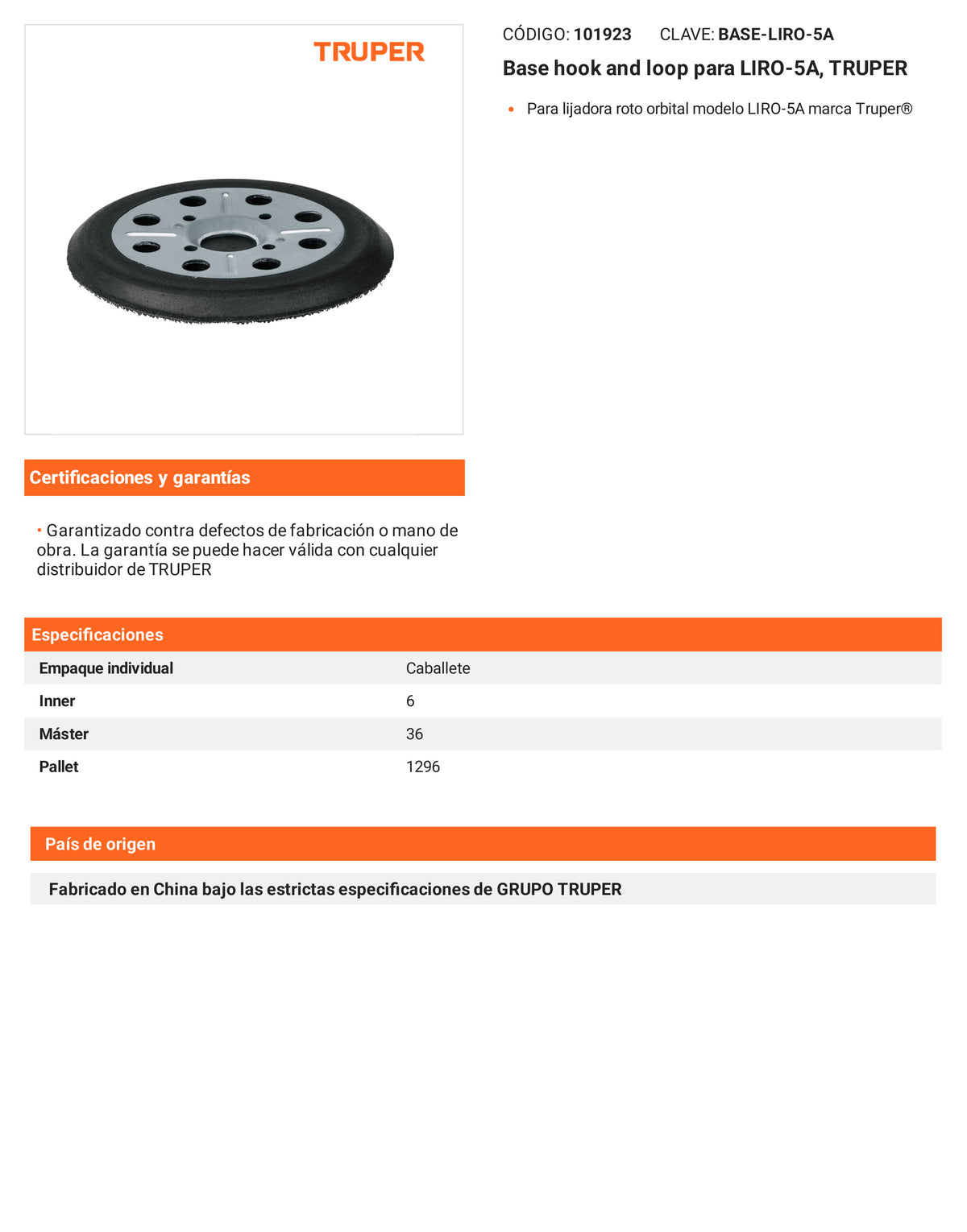 Ficha tecnica - Base hook and loop para LIRO-5A - SKU 101923
