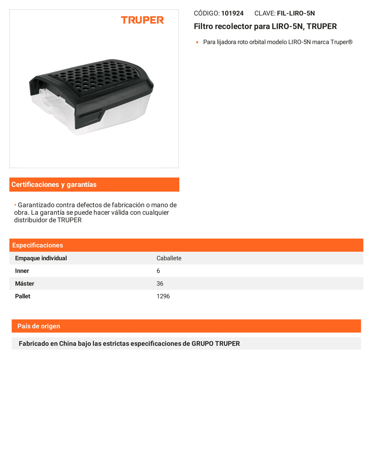 Ficha tecnica - Filtro recolector para LIRO-5N - SKU 101924