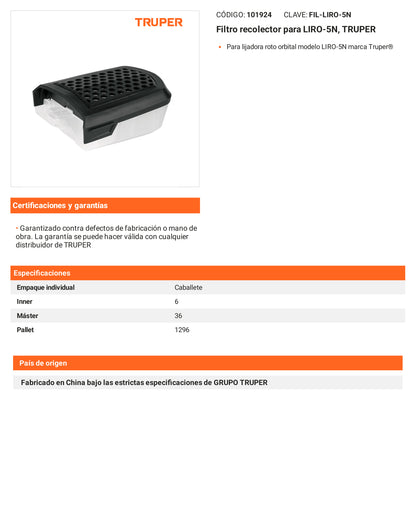 Ficha tecnica - Filtro recolector para LIRO-5N - SKU 101924