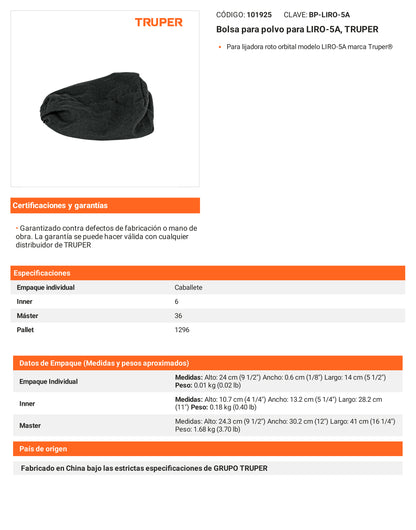 Ficha tecnica - Bolsa para polvo para LIRO-5A - SKU 101925