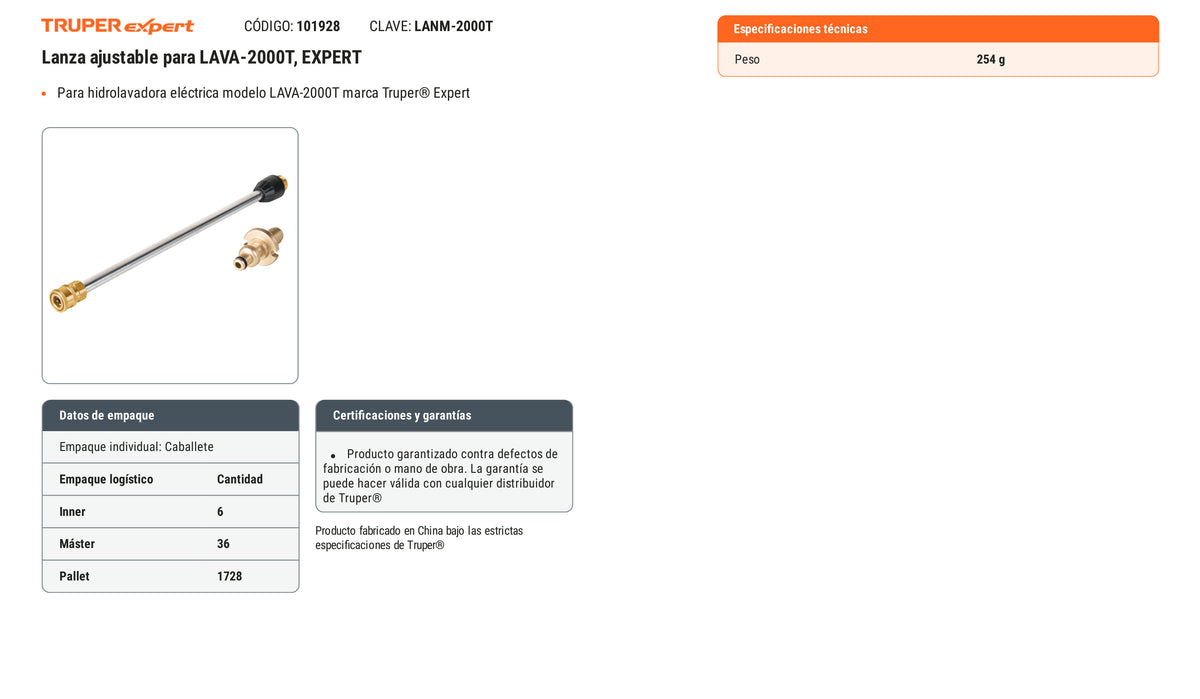Ficha tecnica - Lanza ajustable para LAVA-2000T - SKU 101928