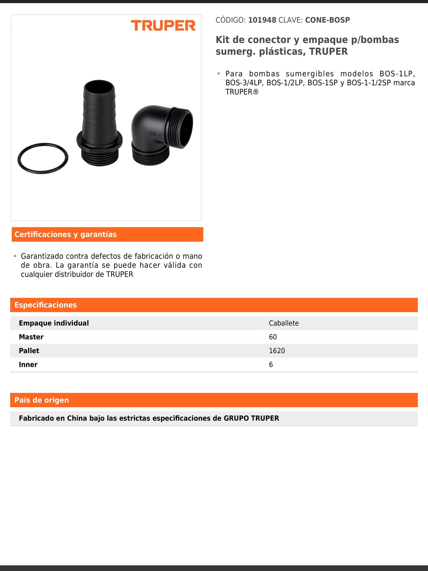 Kit de conector y empaque para bombas sumergibles plásticas