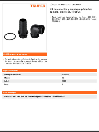 Kit de conector y empaque para bombas sumergibles plásticas