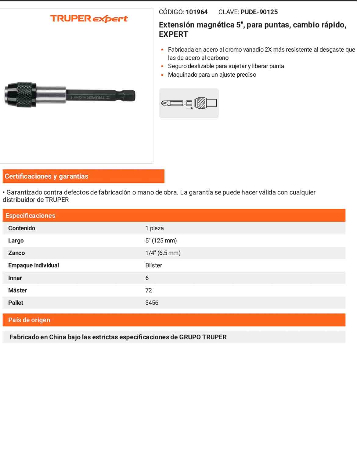 Extensión Magnética de 5" para Puntas  Cambio Rápido