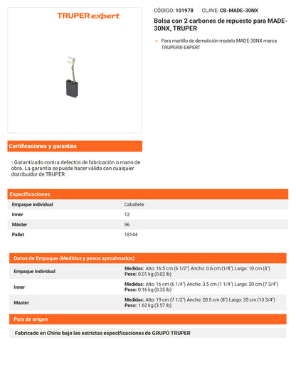 Ficha tecnica - 2 carbones para MADE-30NX - SKU 101978
