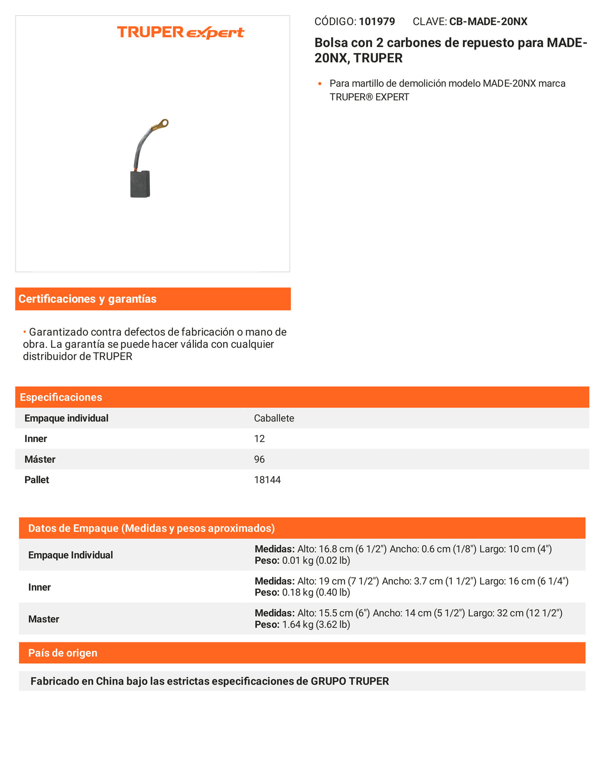 Ficha tecnica - 2 carbones para MADE-20NX - SKU 101979