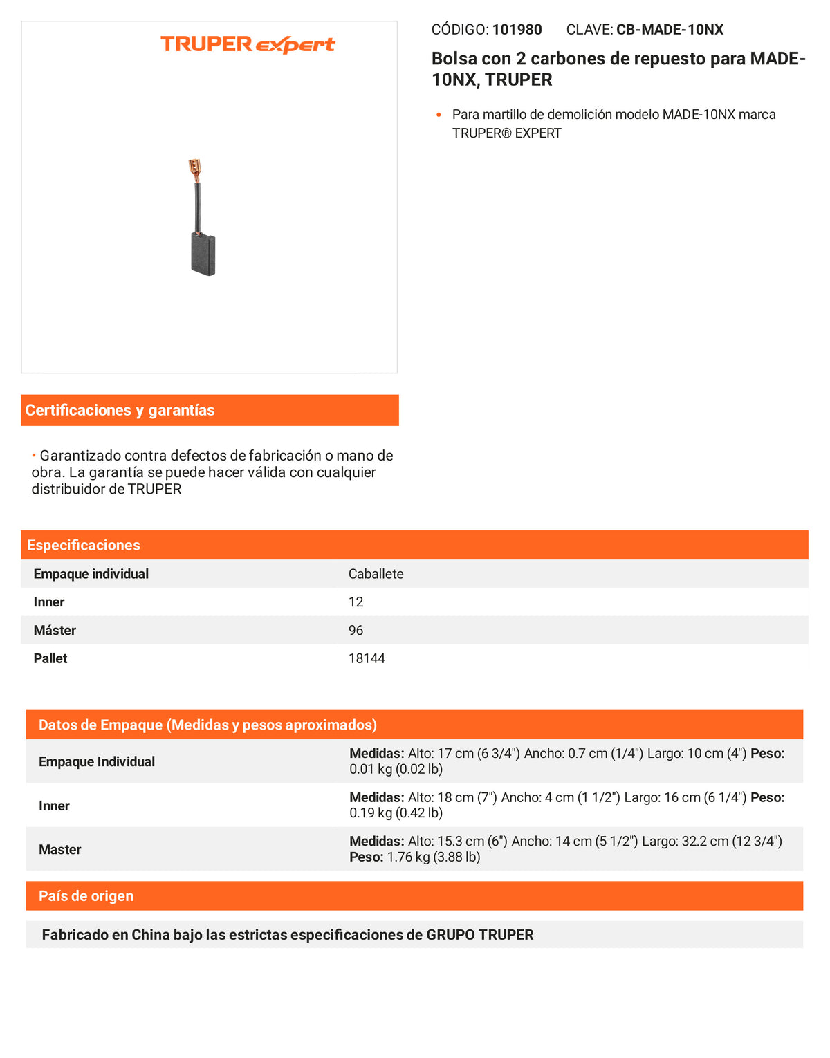 Ficha tecnica - 2 carbones para MADE-10NX - SKU 101980
